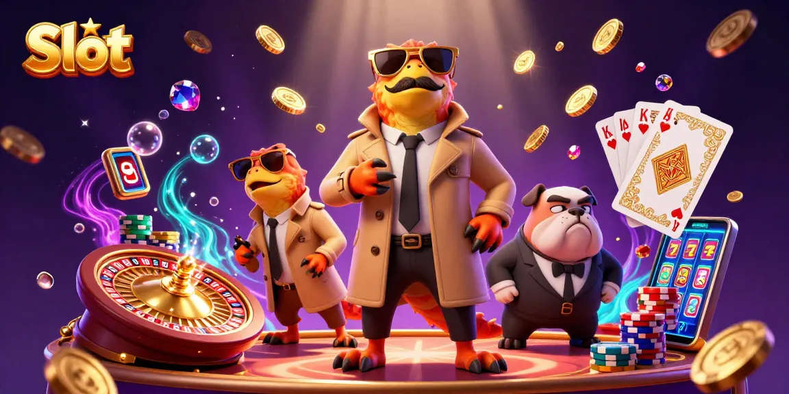 Experience Slot excitement with raptors in a casino, gold coins, and roulette action.