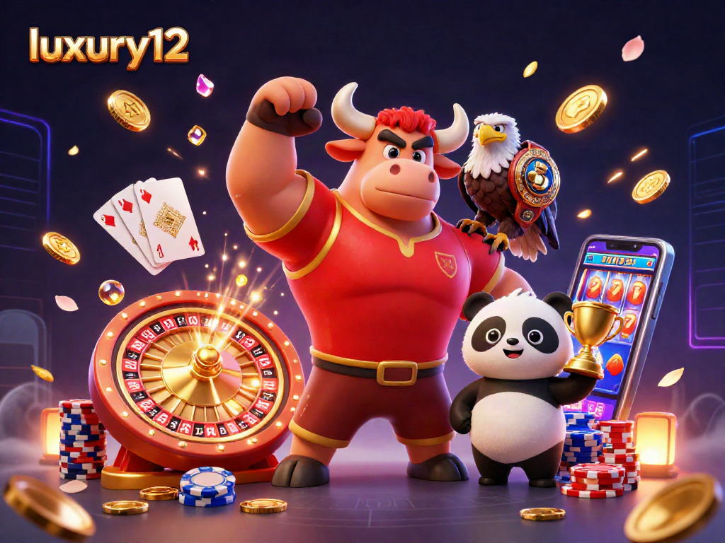 Experience the thrills of luxury12 with a victory pose from the bull mascot in an energetic casino scene.