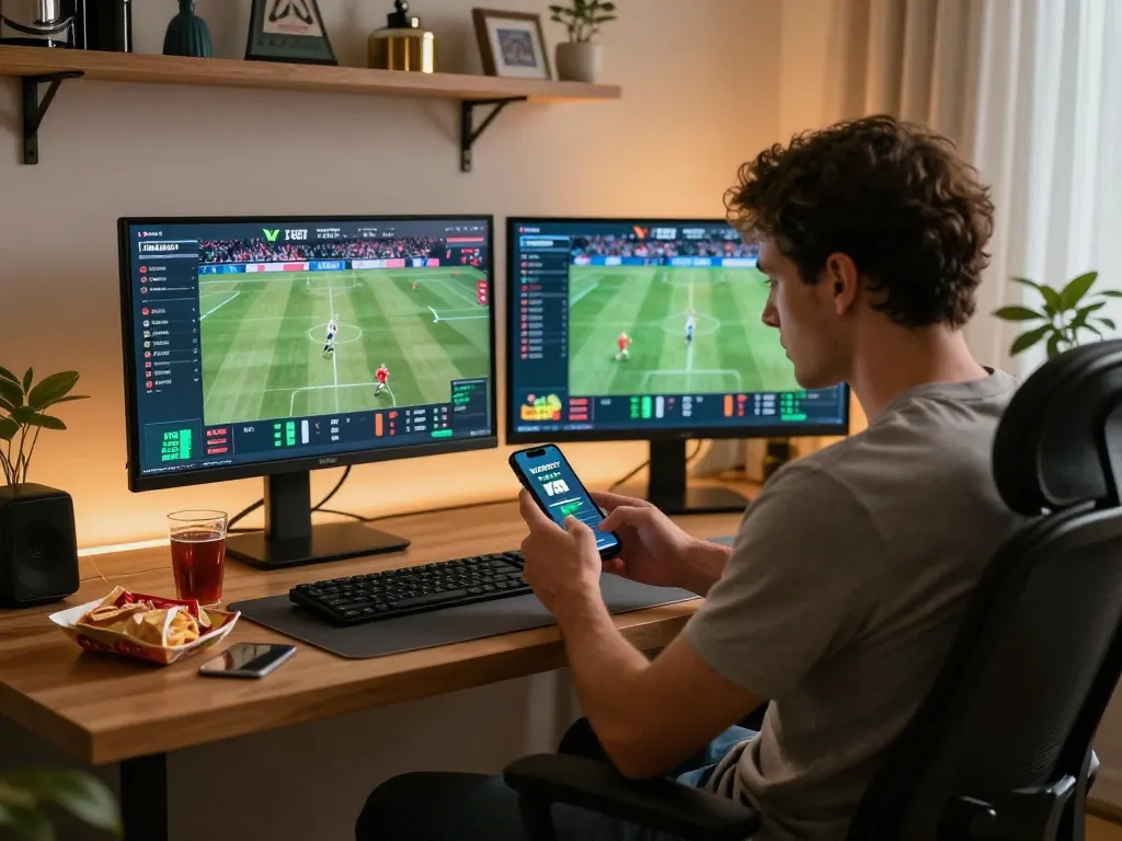 Engaged bettor using VSBET app on smartphone, surrounded by live sports events in modern office.