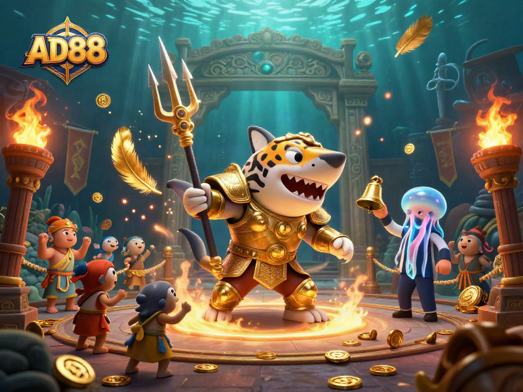 Engage with AD88 in an action-packed underwater gambling scene featuring a golden gladiator shark.
