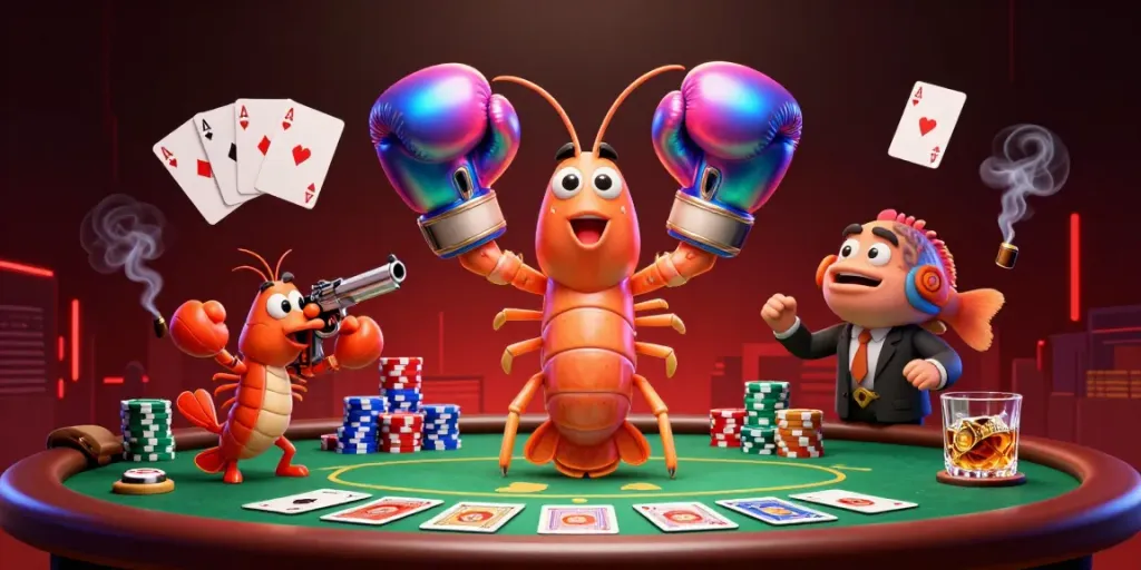 Mempromosikan mpo500 melalui ilustrasi poker kartun dengan karakter mantis udang menjalani pertarungan.