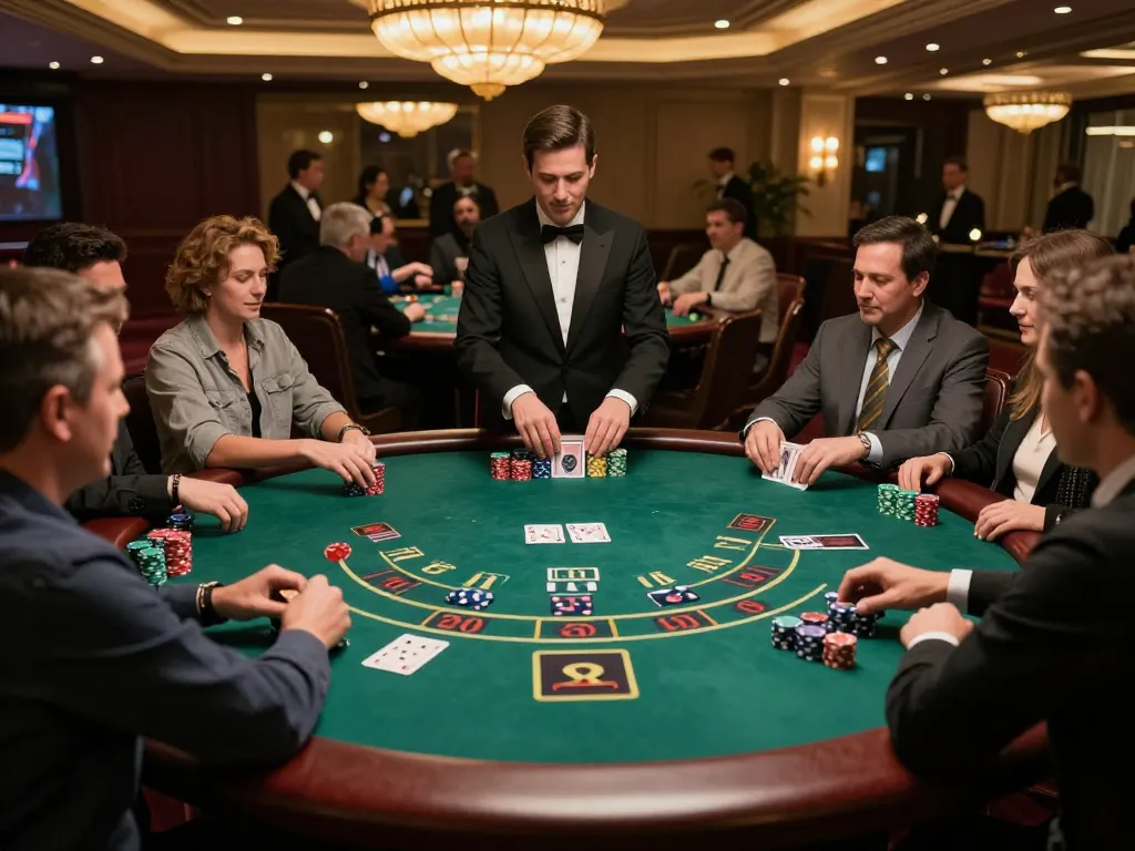 Players strategizing at the blackjack table, ZEUS222 highlights exciting gambling moments in luxury casinos.