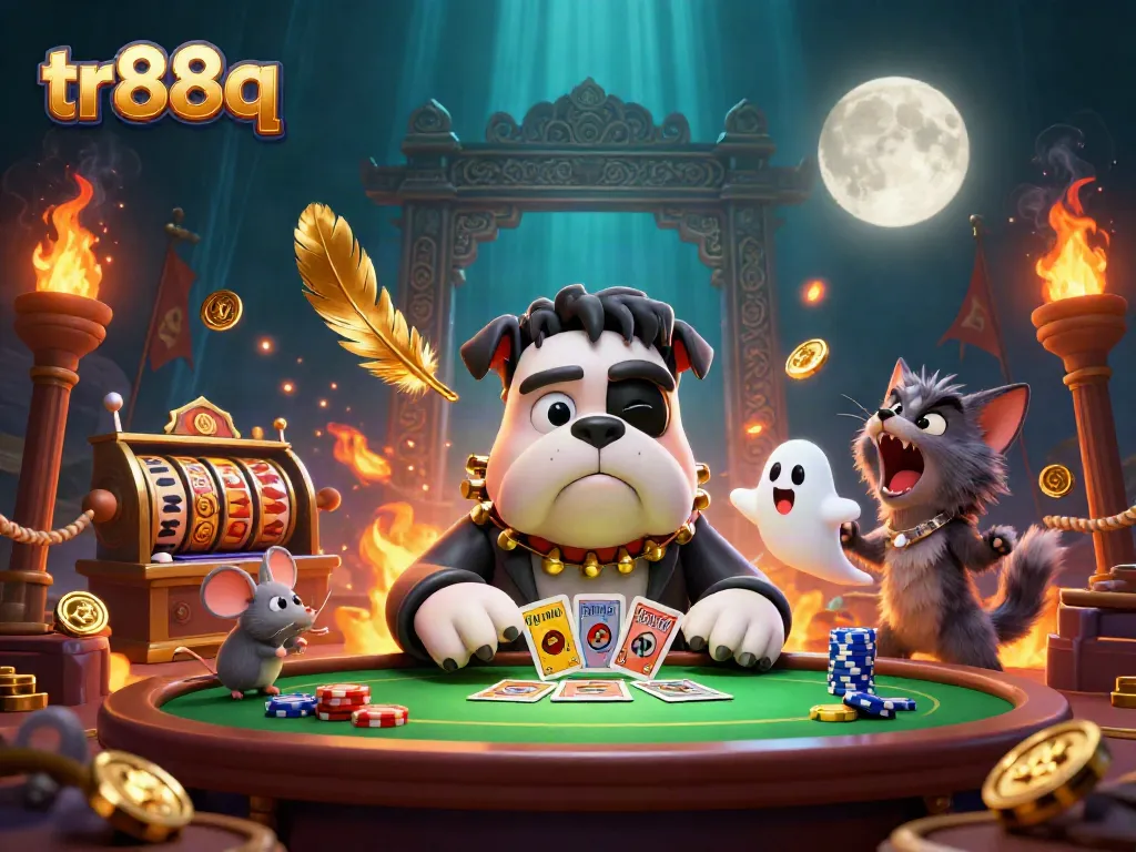 tr88q's dynamic casino scene with a Frankenstein bulldog dealing cards, surrounded by vibrant game elements.