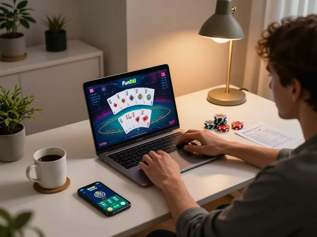 Engaged player enjoying Fun88 blackjack online with strategic notes and cheerful atmosphere.