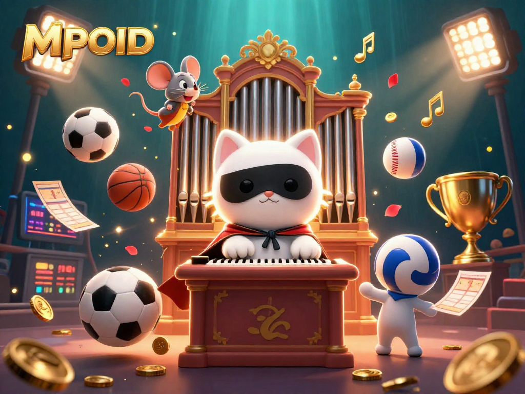 MPOID showcases an engaging casino scene with a phantom cat, sports elements, and vibrant lighting.