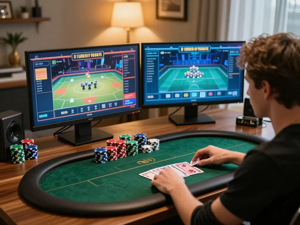 Poker player engaging in strategic gameplay on 98win98 platform, surrounded by vibrant chips and cards.