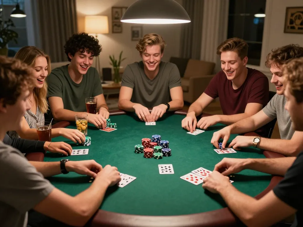 LGO99 players enjoying a lively home poker game with colorful chips and cards visible