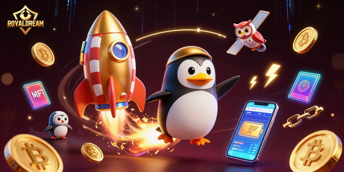 Experience the thrill of ROYALDREAM with a golden penguin racing towards a vibrant casino space!