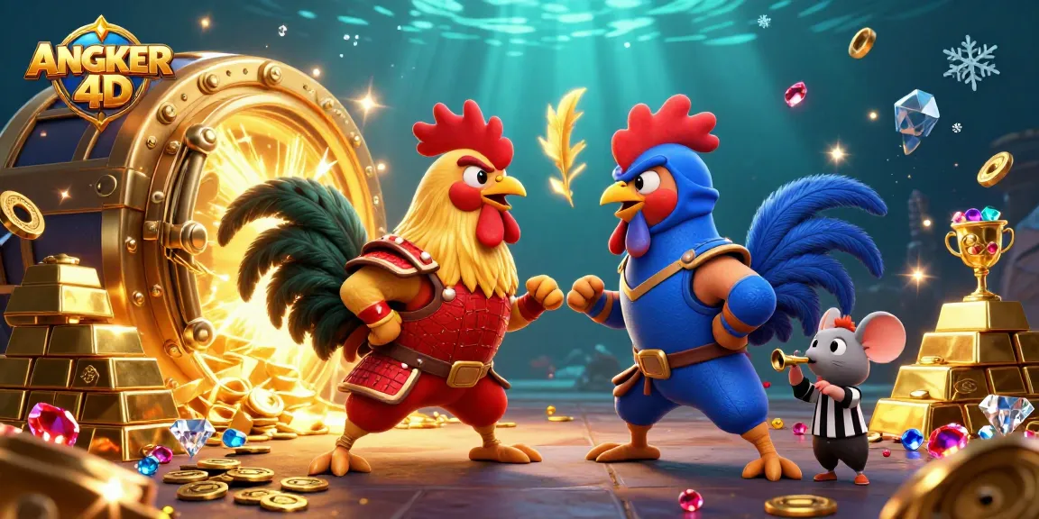 Experience the excitement at ANGKER 4D with dynamic action featuring battling roosters in an amazing casino-themed illustration.