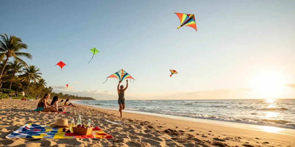 Natunatoto di pantai tropis saat matahari terbenam dengan orang-orang bermain layang-layang.