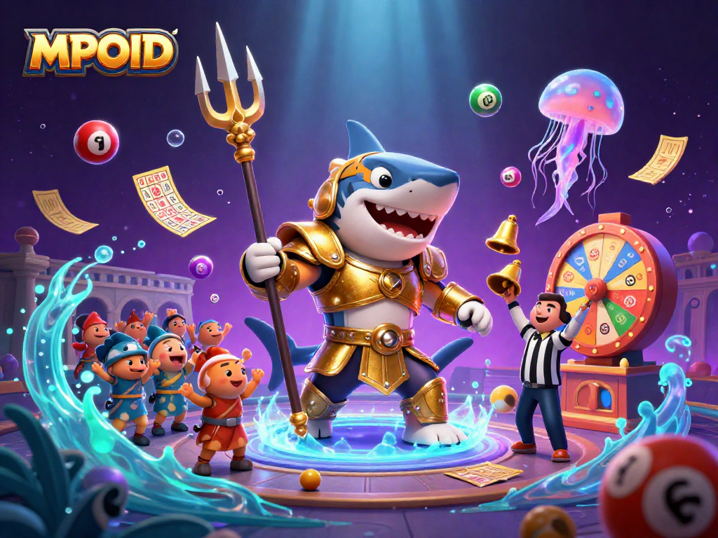 MPOID features an exciting underwater casino scene with a golden gladiator tiger shark among colorful gambling elements.