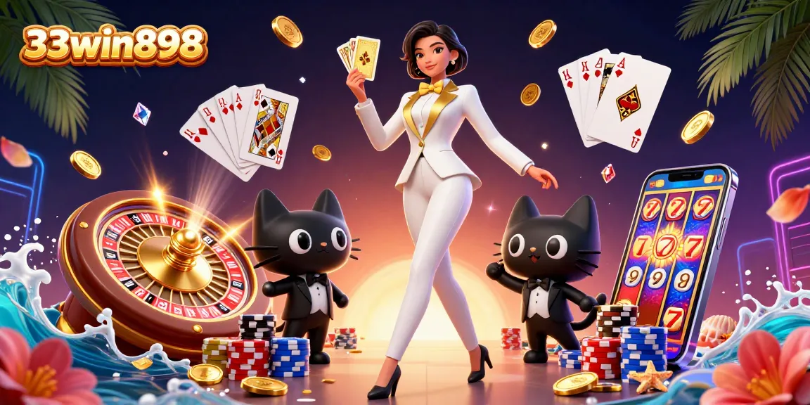 Experience gaming excitement with 33win898 as a glamorous woman shuffles cards alongside a playful tuxedo cat.