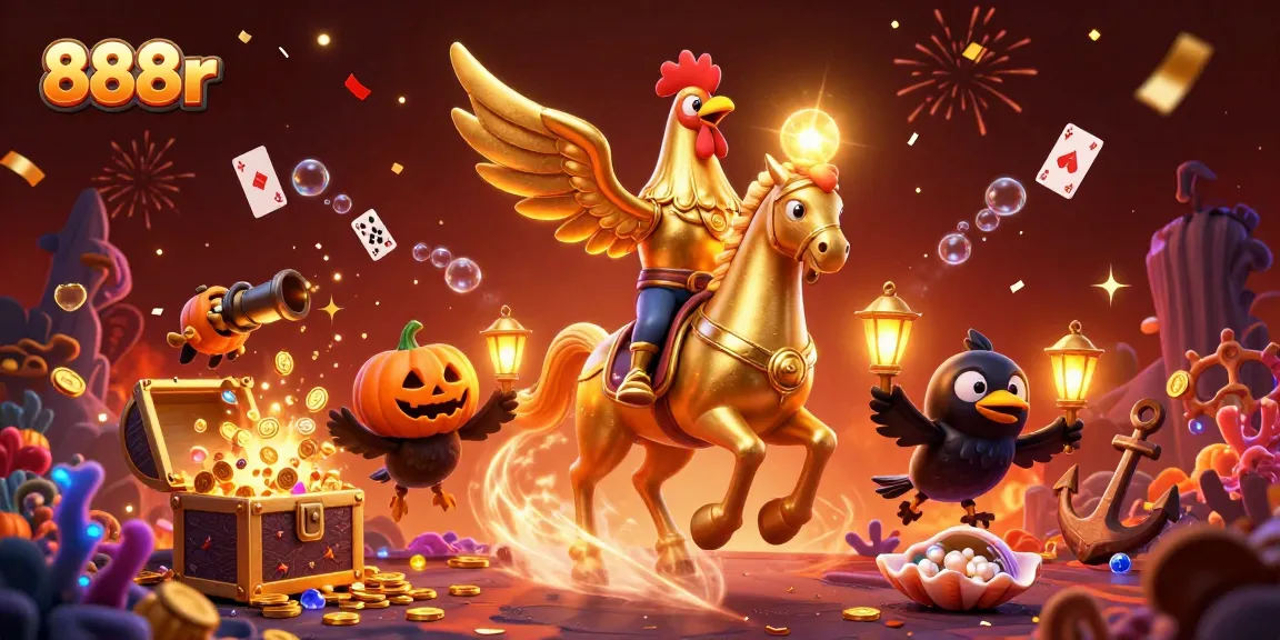 Experience the thrill of 888r gaming as the golden rooster champion navigates a magical casino.