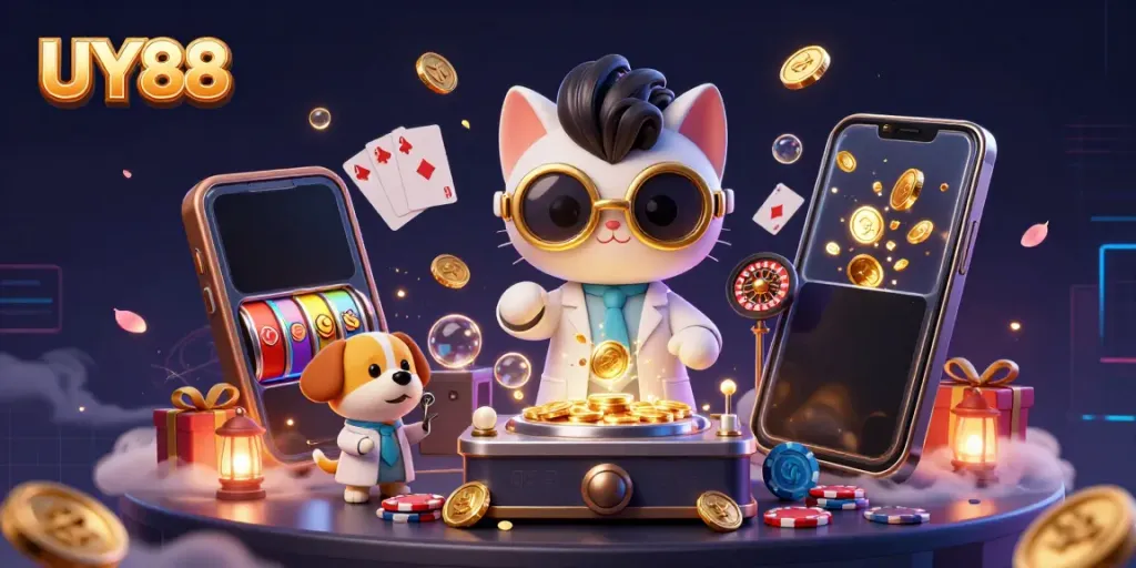 Experience vibrant gameplay at UY88 with a playful 3D scene of a scientist cat and a dog creating casino excitement.