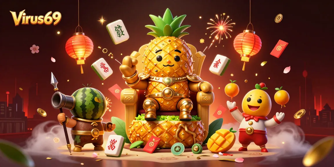 Join the fun at Virus69 with a vibrant 3D casino illustration featuring a golden pineapple king and lively game elements.