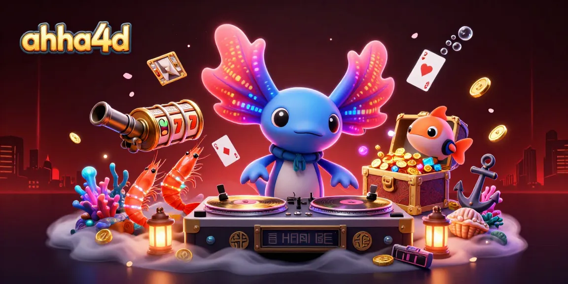 Permainan kasino ahha4d dengan karakter ceria seperti DJ axolotl dan udang menari yang dikelilingi harta karun dan kartu bermain.