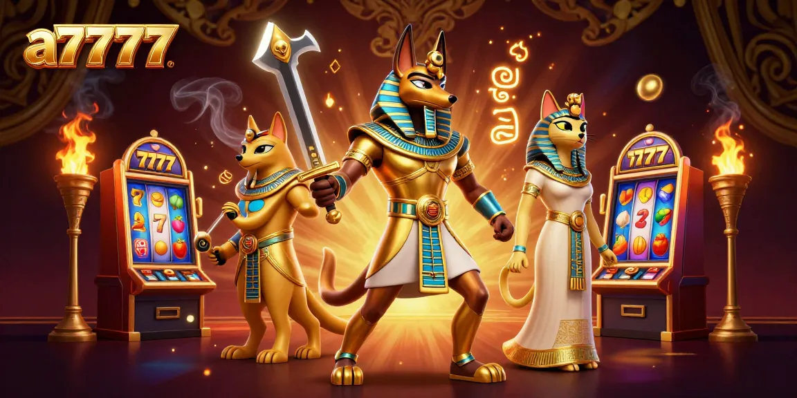 Experience the excitement of a7777 with ancient Egyptian characters and vibrant slot machines in this dynamic casino scene.