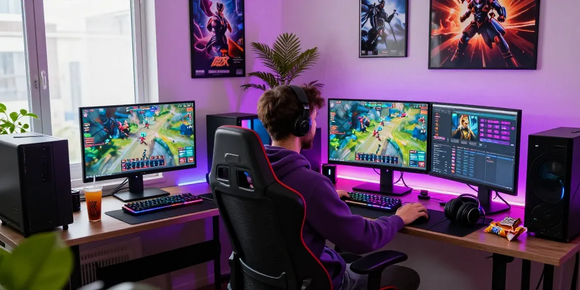 Gamer in a modern home office with multiple monitors showcases tempototo gameplay and streamer interface.