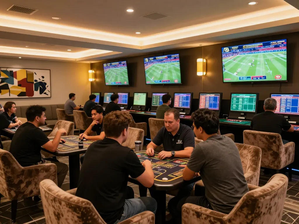 View of enthusiastic bettors strategizing in a sports lounge at lv88 casino.
