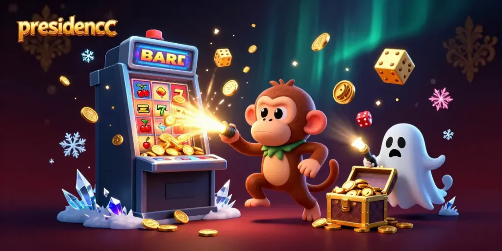 Experience gaming excitement with presidencc, featuring a mystical monkey juggling coins in a vibrant casino.