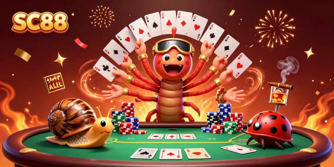 Engage in casino excitement with SC88's thrilling dealer and high-rollers at a vibrant poker game.
