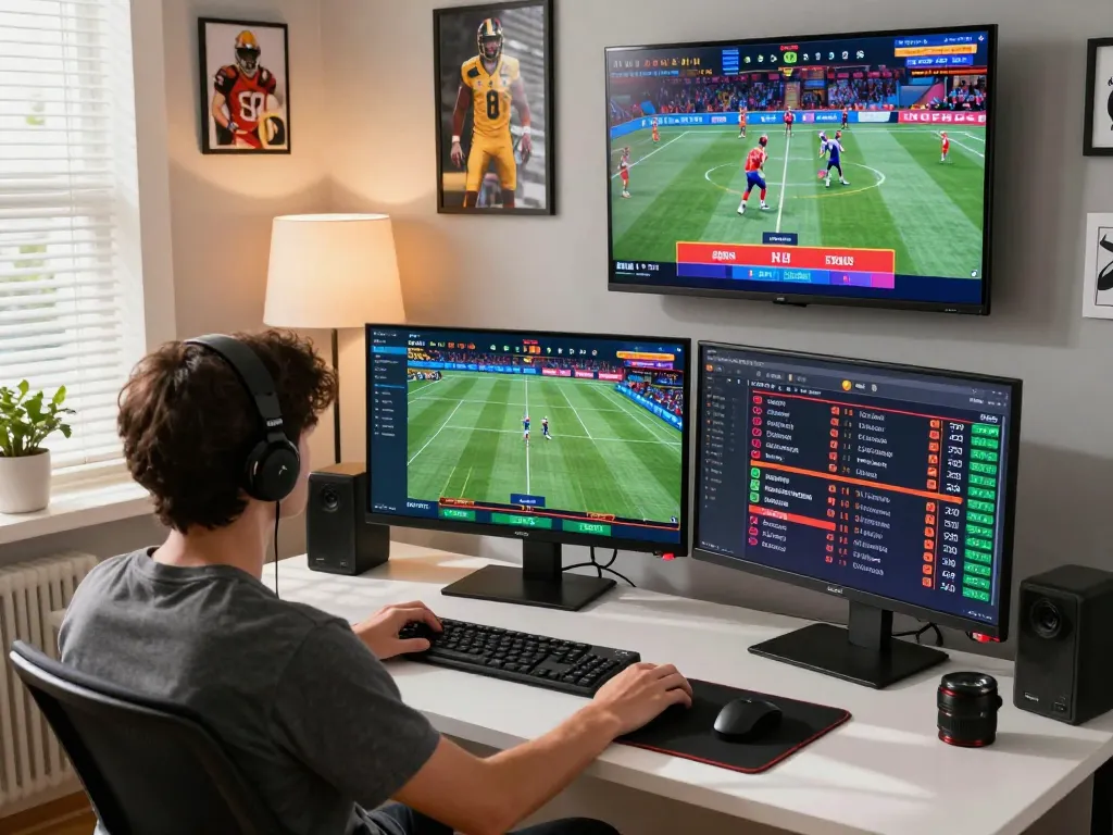 Explore winning strategies on https://lucky88at.com/ with a dynamic online sports betting setup featuring multiple screens.