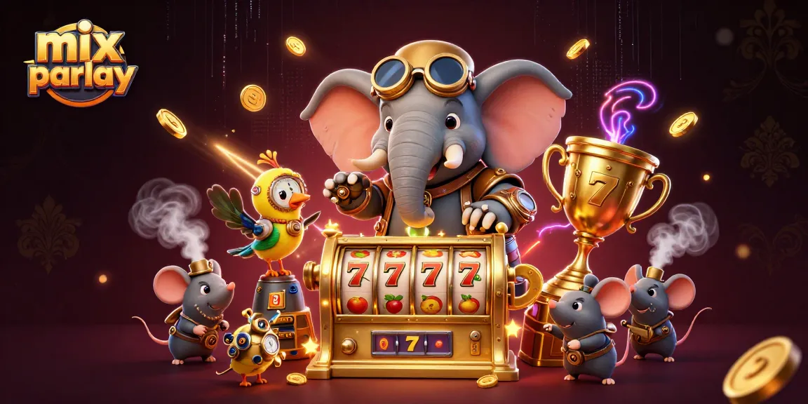 Menggabungkan elemen mix parlay dalam ilustrasi 3D, slot machine dengan karakter gajah steampunk.