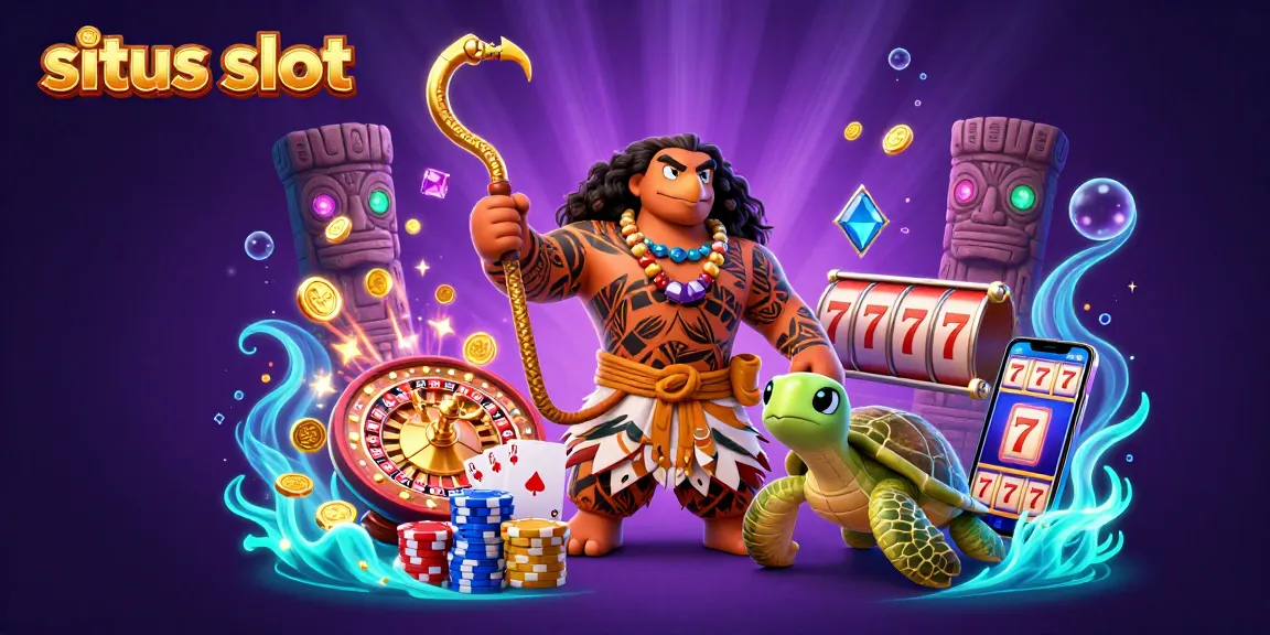 Situs slot showcases a colorful 3D scene with a demigod hawk and turtle beside energetic game elements.