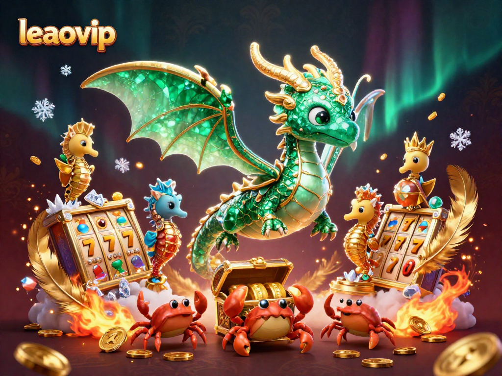 Play slots and win big on leaovip featuring a vibrant sea dragon and rich casino elements.