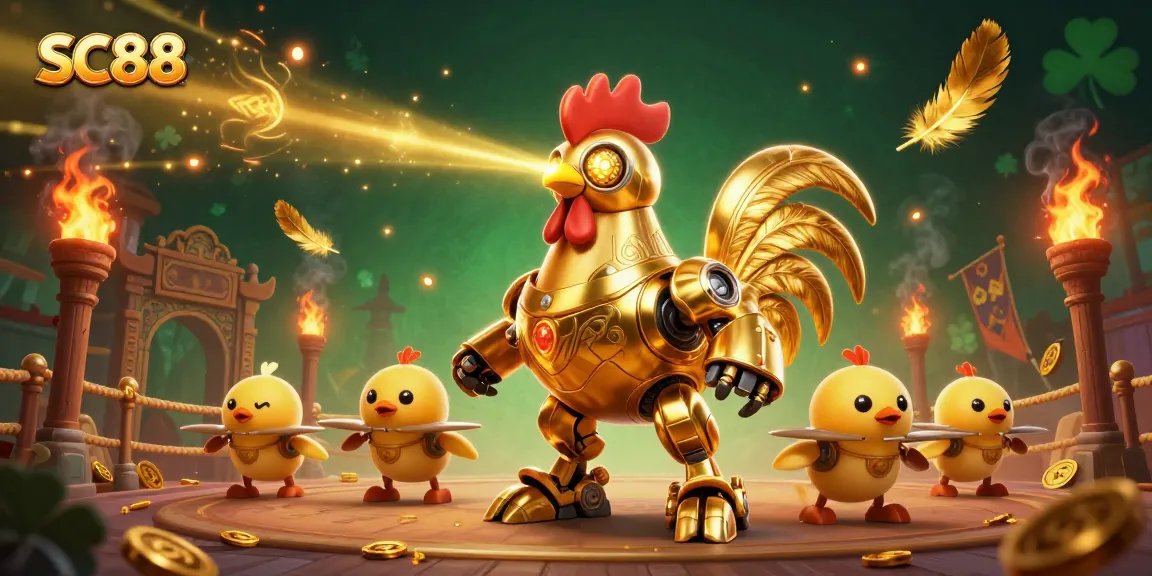 Engage in thrilling SC88 experiences with the golden rooster robot shooting laser beams amidst vibrant casino elements.
