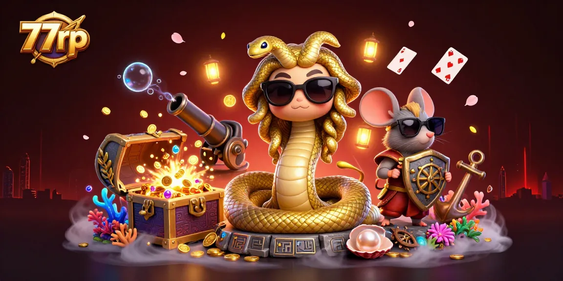 Experience excitement at 77rp with Medusa and mouse, surrounded by vibrant casino-themed decorations.
