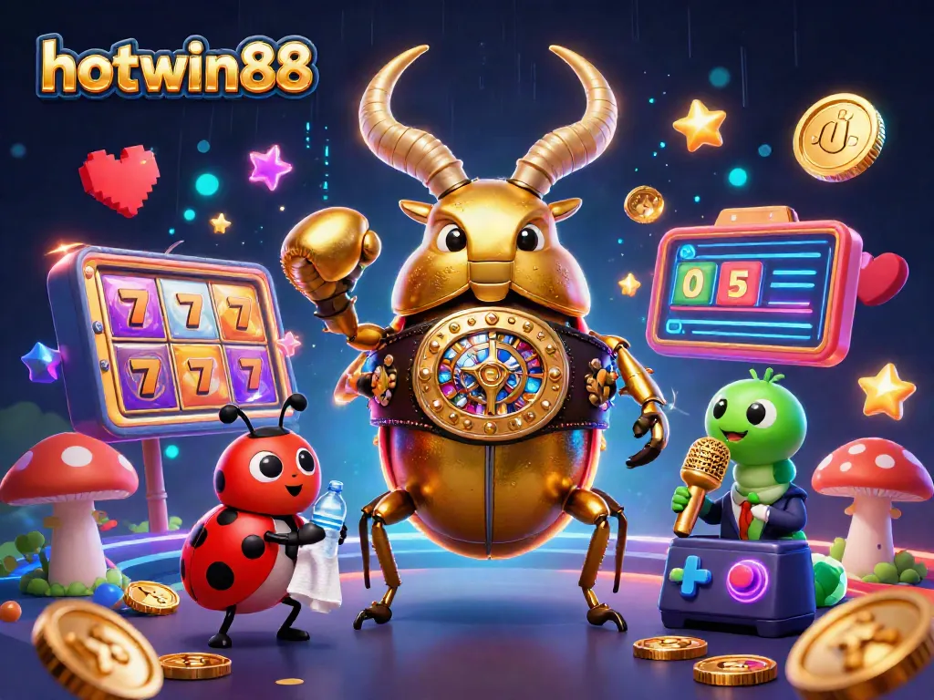 Experience thrilling gameplay at hotwin88 with a vibrant 3D casino scene featuring action-packed slot elements.