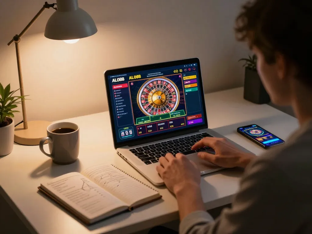 Players enjoying online games at alo88 eu com with lively casino visuals on laptop.