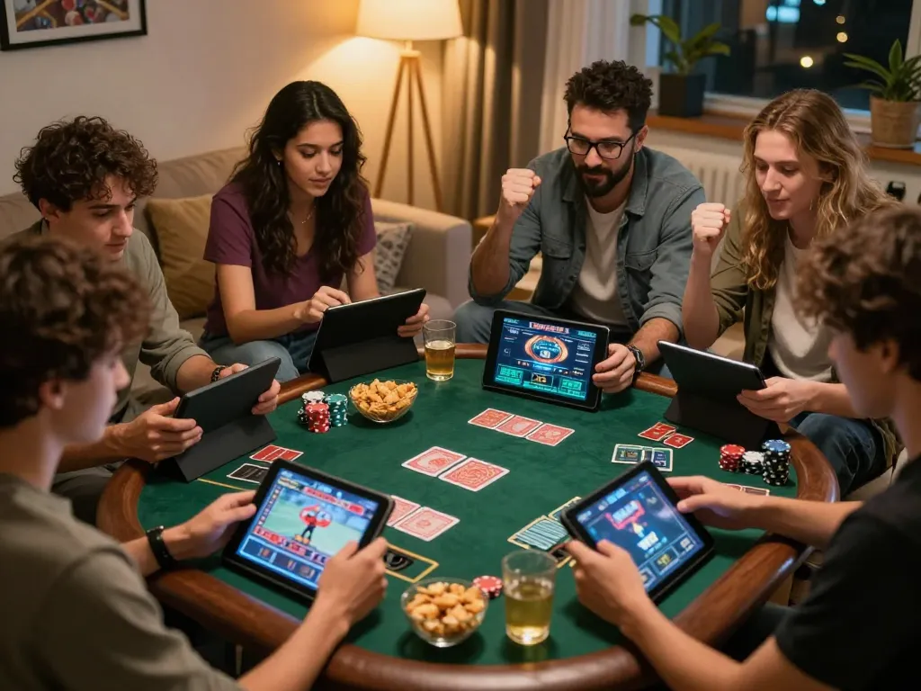 Friends enjoying live dealer games on tablets while discussing strategies, featuring UGDEWA