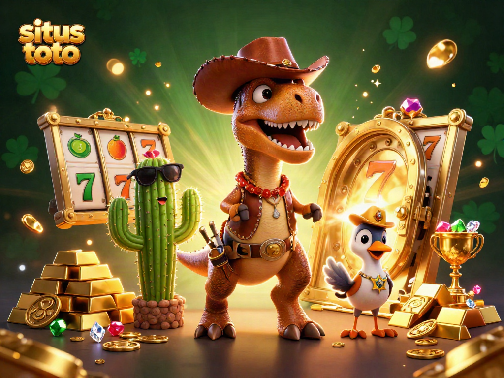 Menangkan di situs toto dengan dinosaurus cowboy dan simbol slot keberuntungan.