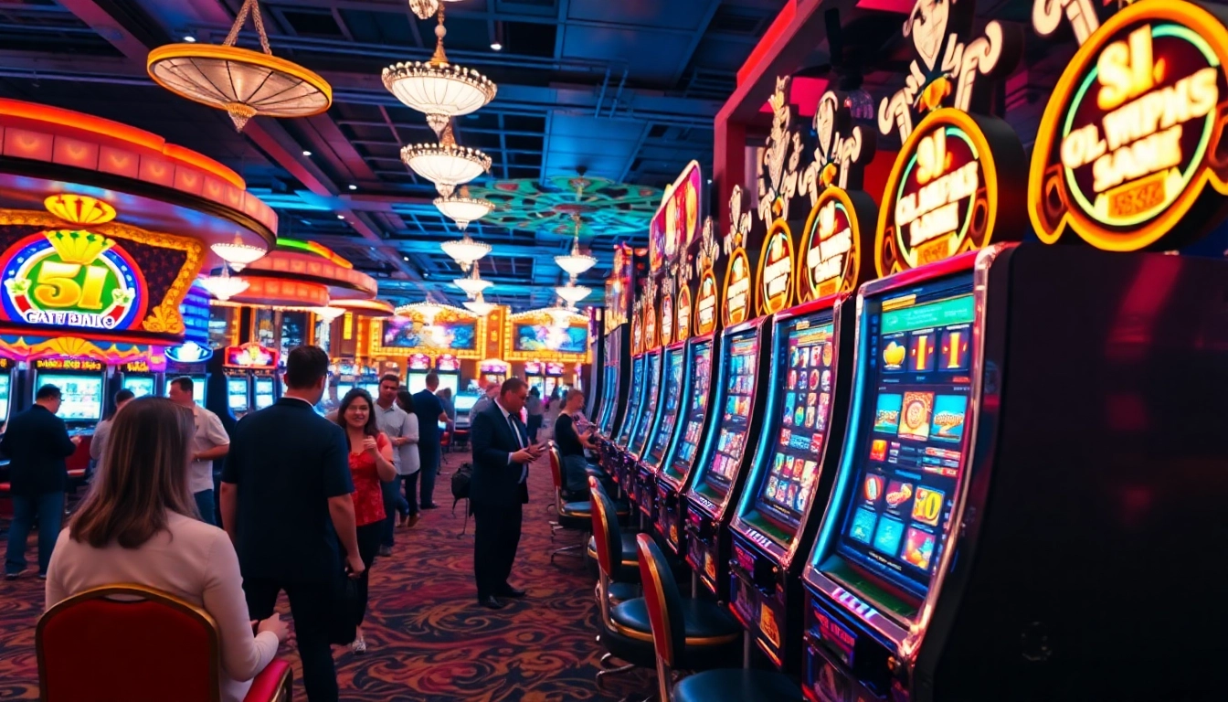 Slot permainan di kasino dengan lampu warna-warni yang menarik perhatian pemain.
