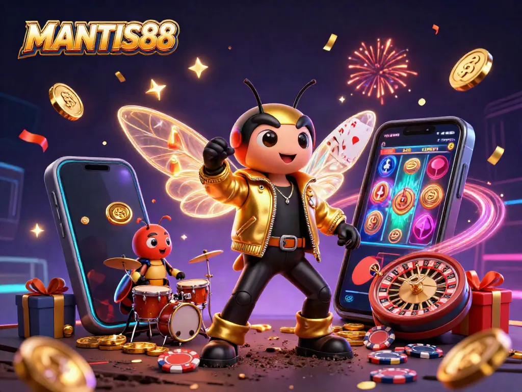 MANTIS88 engages players with vibrant 3D visuals of a cartoon rock star, slot games, and festive elements.