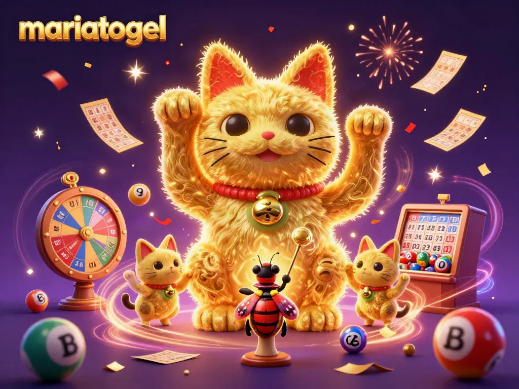 Engage with mariatogel’s exhilarating gaming experience featuring a giant lucky cat and dynamic lottery balls in a festive setting.