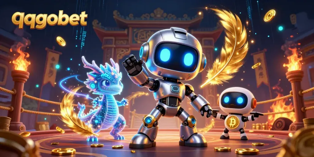 Engage with qqgobet's cyberpunk illustration featuring a robot, AI dragon, and bitcoin drone.