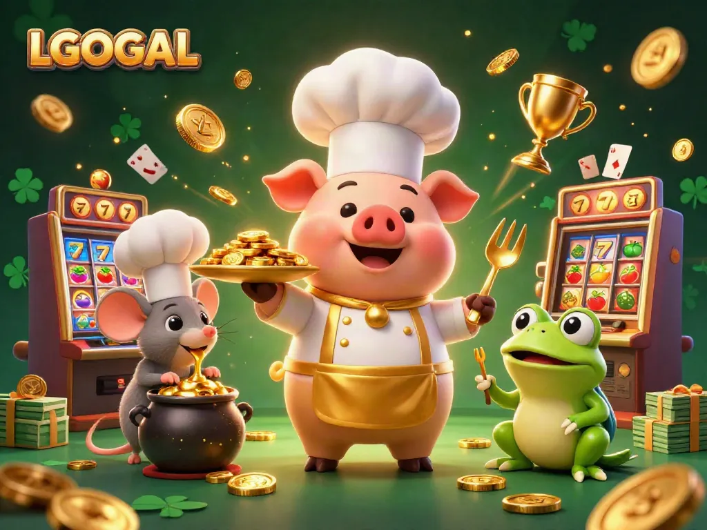 Engage with LGOGOAL's lively casino scene featuring a cartoon chef pig serving gold coins, embodying the thrill of gaming.