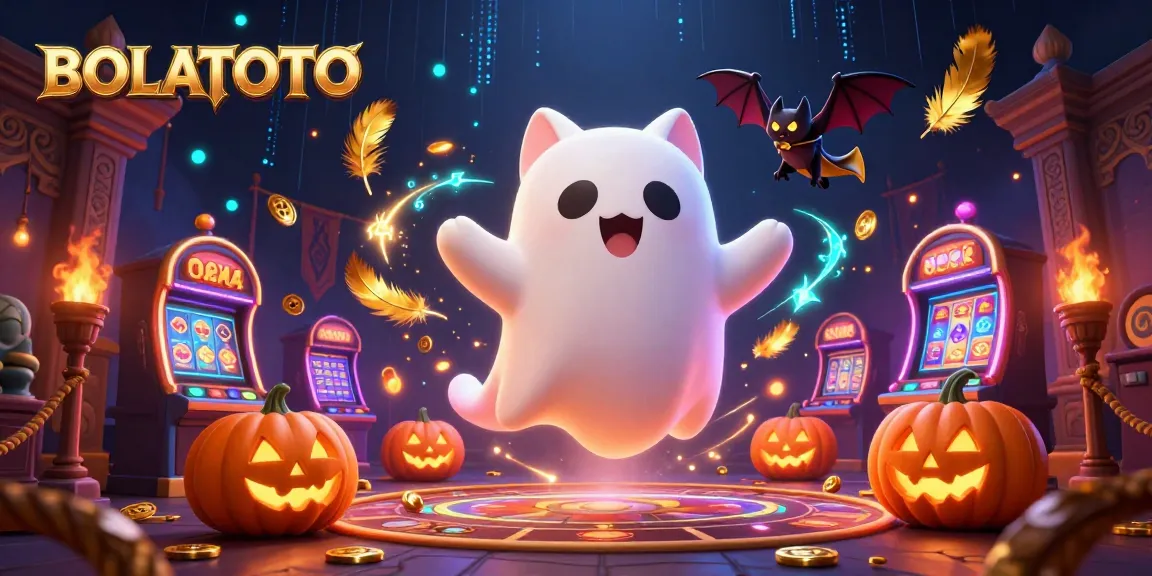 BOLATOTO menghadirkan kucing hantu lucu melayang di kasino berhantu dengan simbol slot dan koin emas berkilauan.