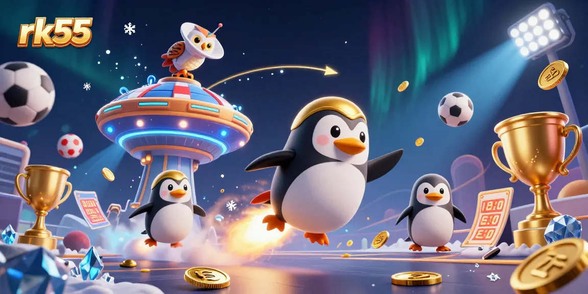 Experience rk55 with a dynamic scene featuring a golden penguin and sports elements in action.