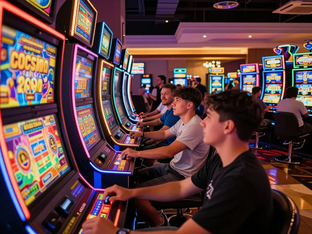 Players engaging with LGOSUPER slot machines in a vibrant casino atmosphere, spinning reels and colorful displays