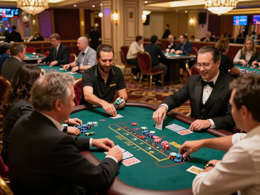 MPOID players actively engaging at a Las Vegas blackjack table, showcasing strategic gameplay and excitement