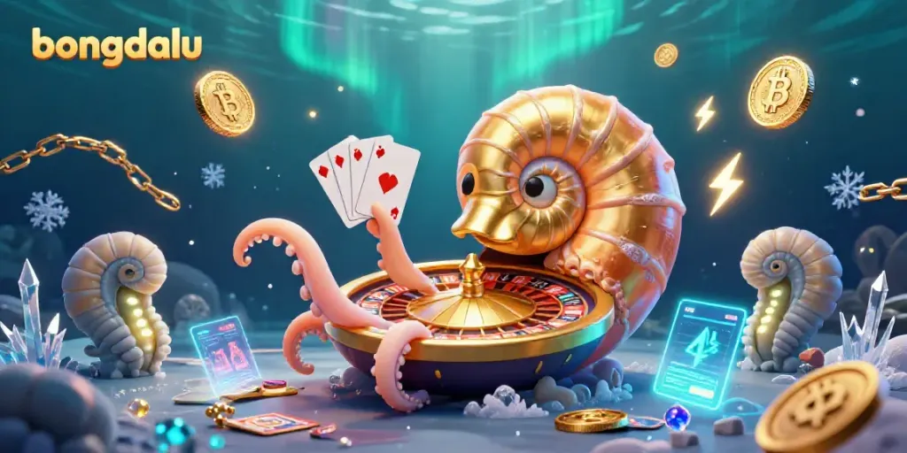 Engage with bongdalu's thrilling casino scene featuring a nautilus roulette wheel among glowing cryptocurrency coins.