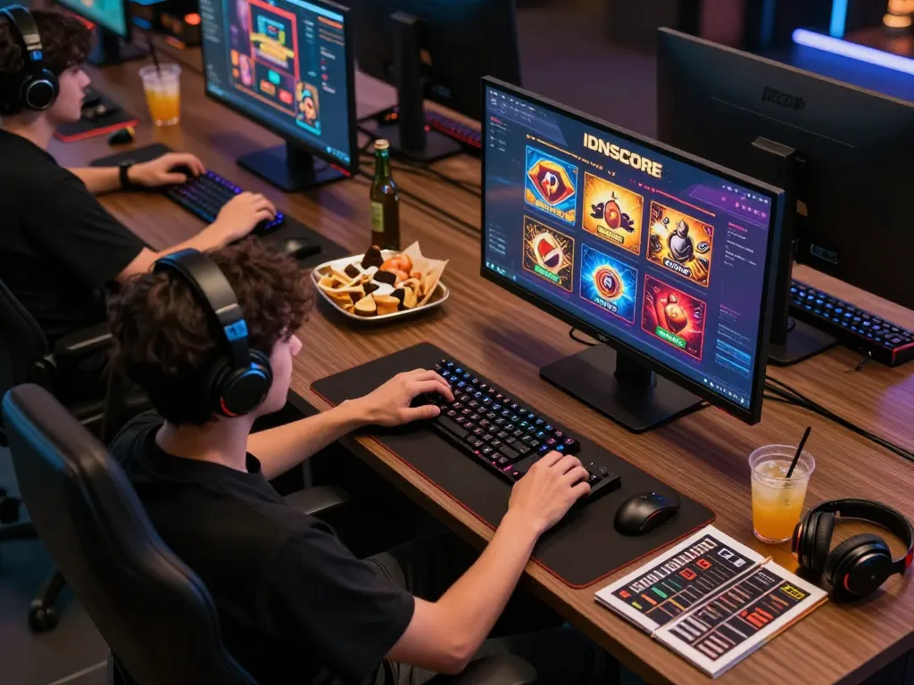 IDNSCORE user engaged in interactive online gameplay with vibrant game visuals on display.