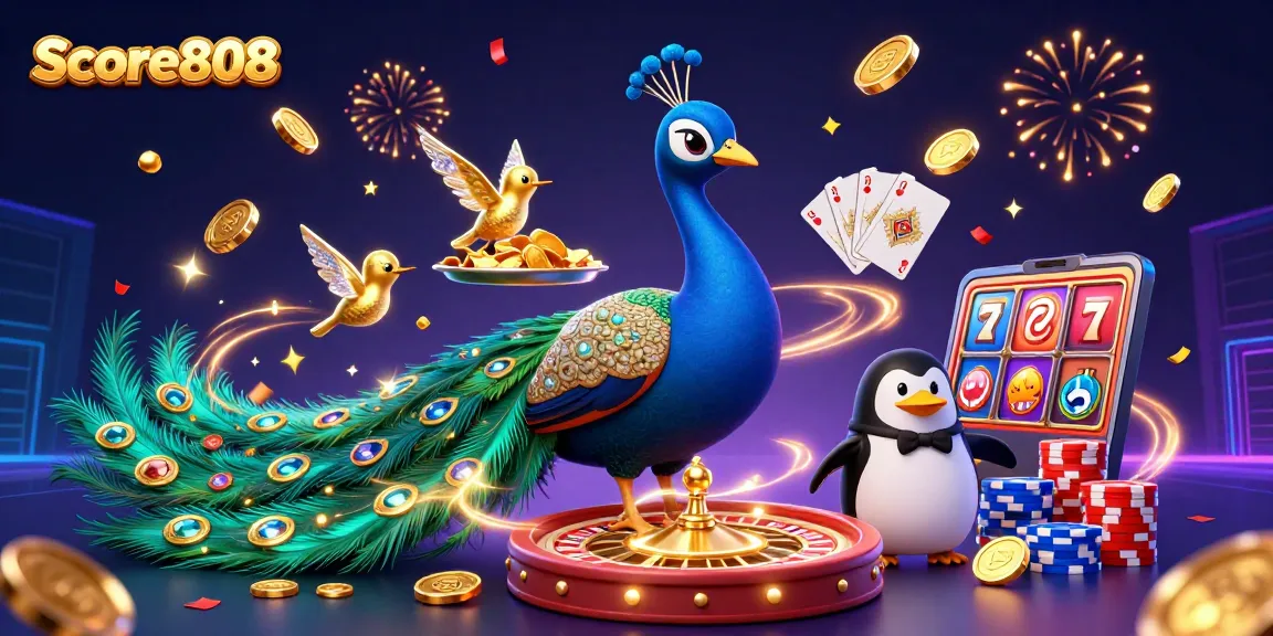 Experience thrilling gameplay with Score808, where peacocks and penguins bring riches in a vibrant casino scene.