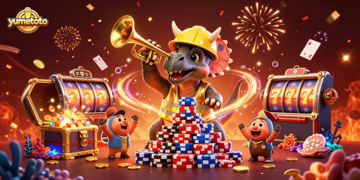 Join yumetoto for thrilling slot games with a vibrant illustration featuring fun characters and poker chips.