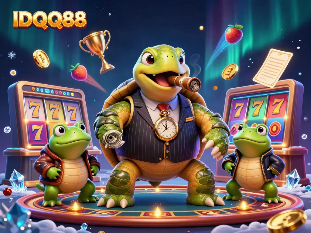 Spin the reels with IDQQ88, featuring a mobster turtle and bullfrogs, capturing jackpot excitement.