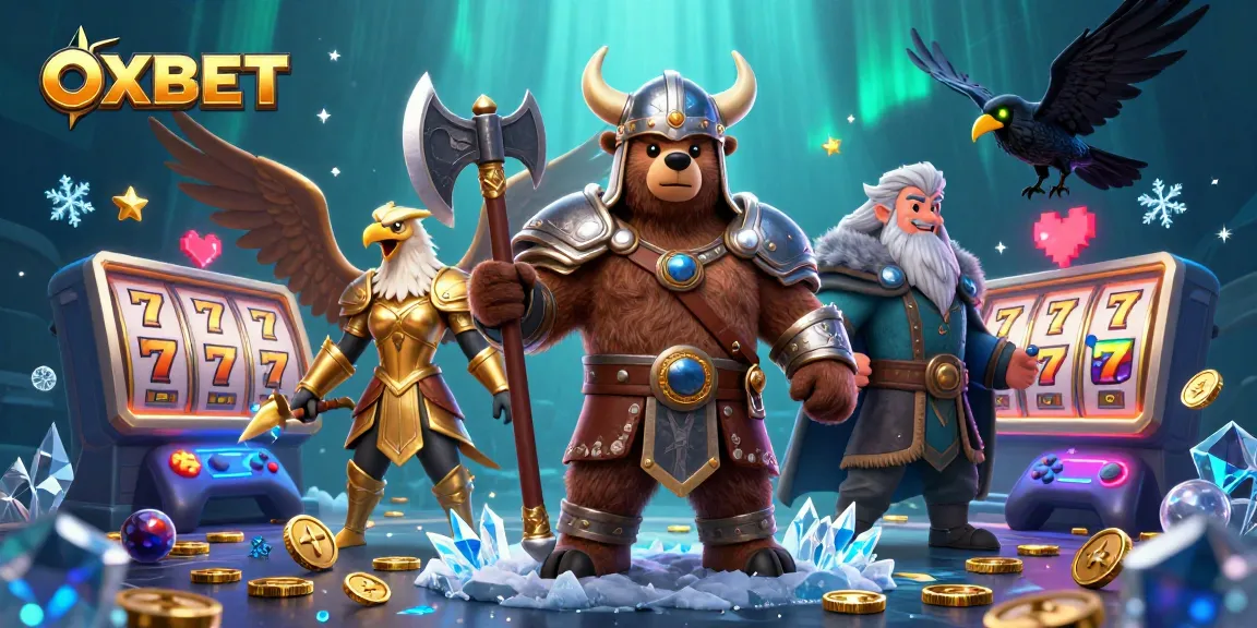 Experience the excitement of OXBET with a dynamic casino illustration depicting vibrant game elements and mythical characters.